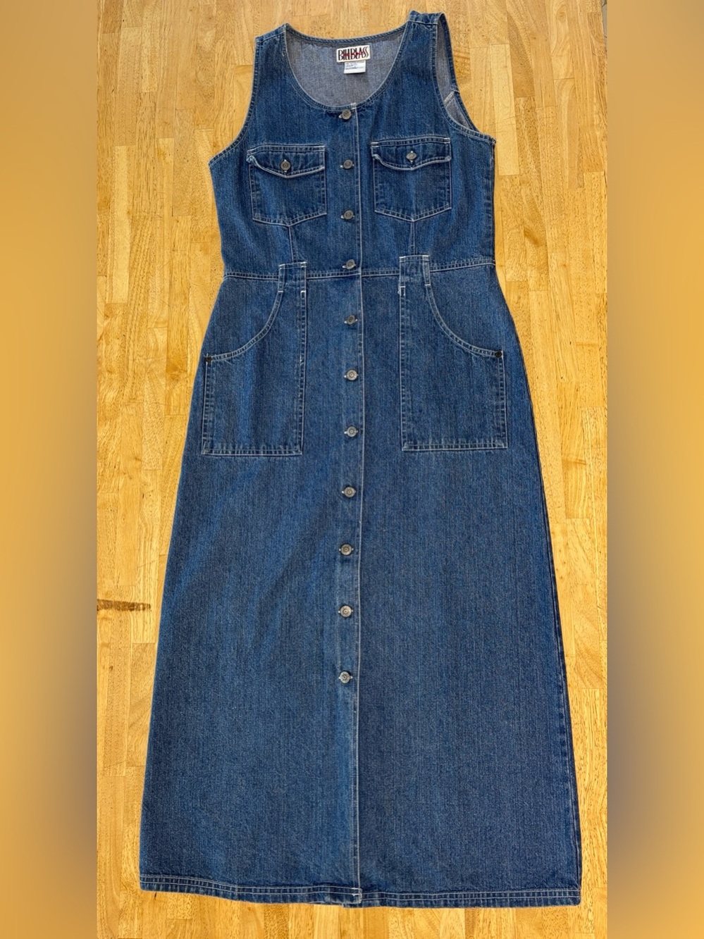 Vtg 90s Bill Blass Denim Maxi Dress Jumper M Button Front Sleeveless Pocket